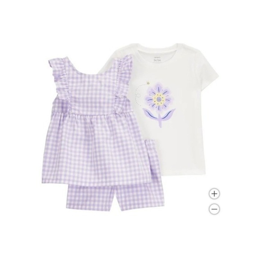 Carters 3pc Outfit Set Toddler Girls 2T Purple Gingham NWT Ruffle‎ Floral Tee